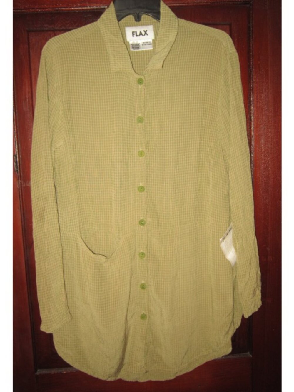 FLAX P XS Sufficient Shirt Tunic Top Blouse Button Plaid Pocket Long Green New